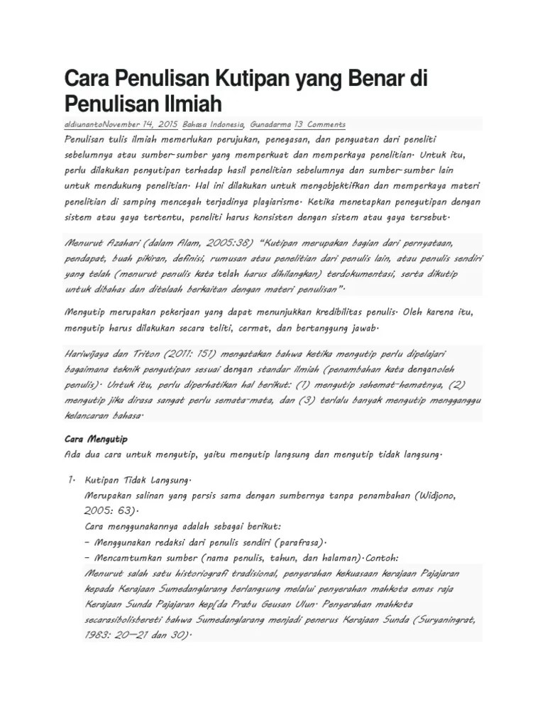 Cara Penulisan Kutipan Yang Benar Di Penulisan Ilmiah | PDF