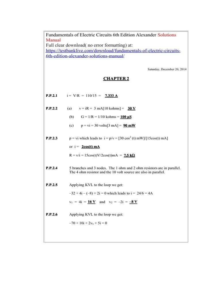 Fundamentals Of Electric Circuits 6th Edition Alexander Solutions ...