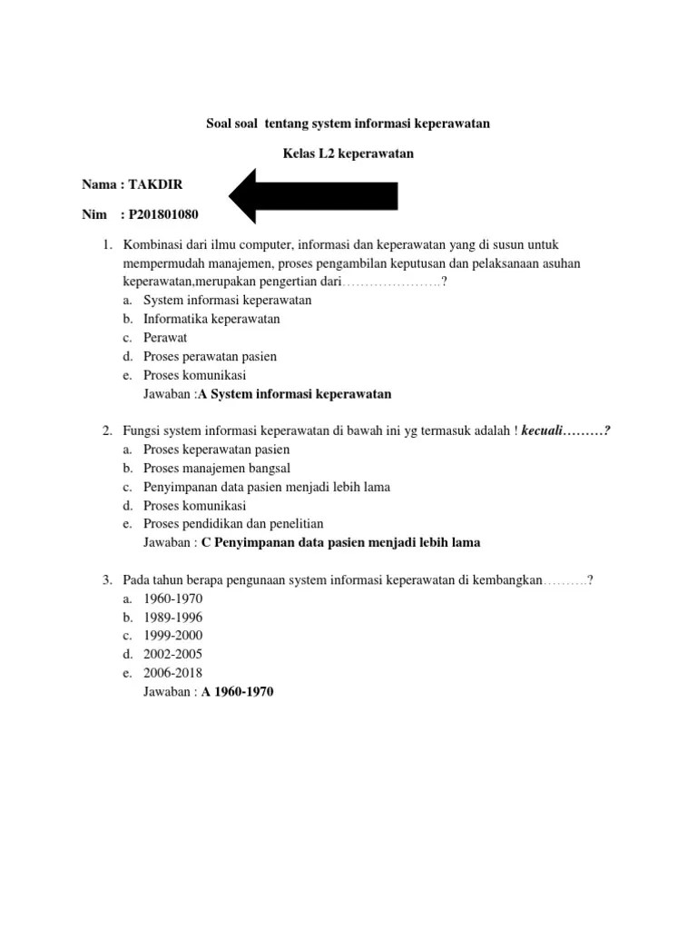 Berikut informasi update tentang bocoran soal dan jawaban materi keperawatan bidang kesehatan untuk tes seleksi pppk tahun 2021 terbaru! Tugas Soal Soal Sistem Informasi Keperawatan Kelas L2 Semester 3 Pdf