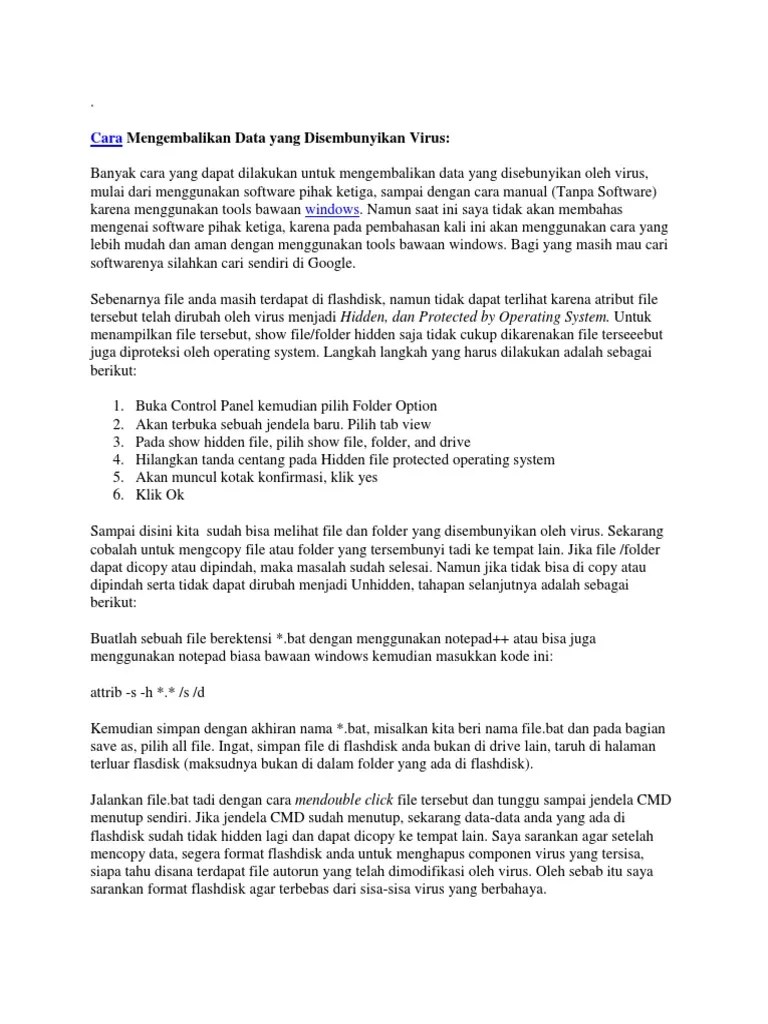 Cara Mengembalikan Data Yang Disembunyikan Virus | PDF