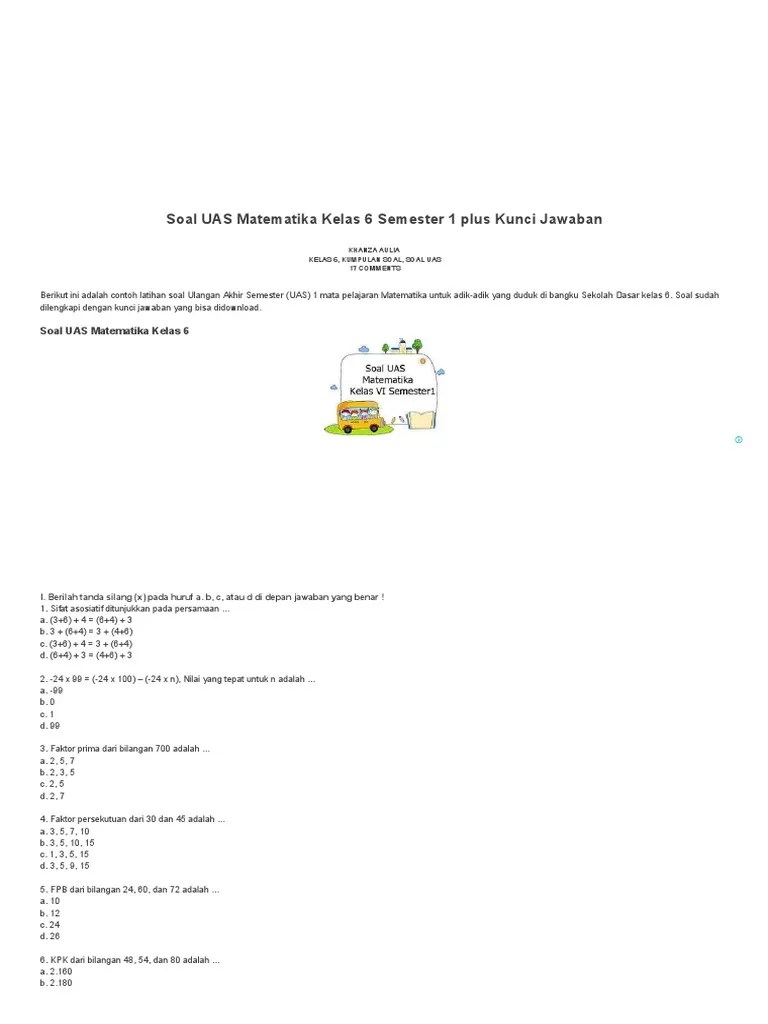 Soal cerita matematika kelas 6 bab operasi hitung campuran juragan les. Soal Uas Matematika Kelas 6 Semester 1 Plus Kunci Jawaban Juragan Les
