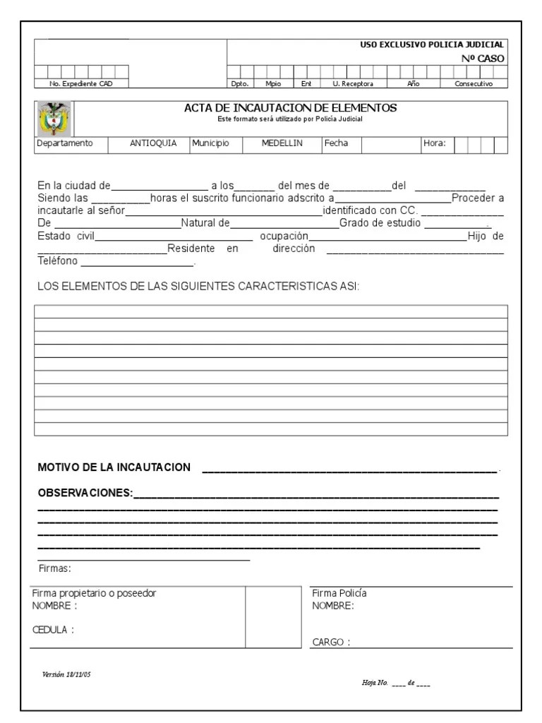 Acta De Incautacion De Elementos Policia Colombia | PDF