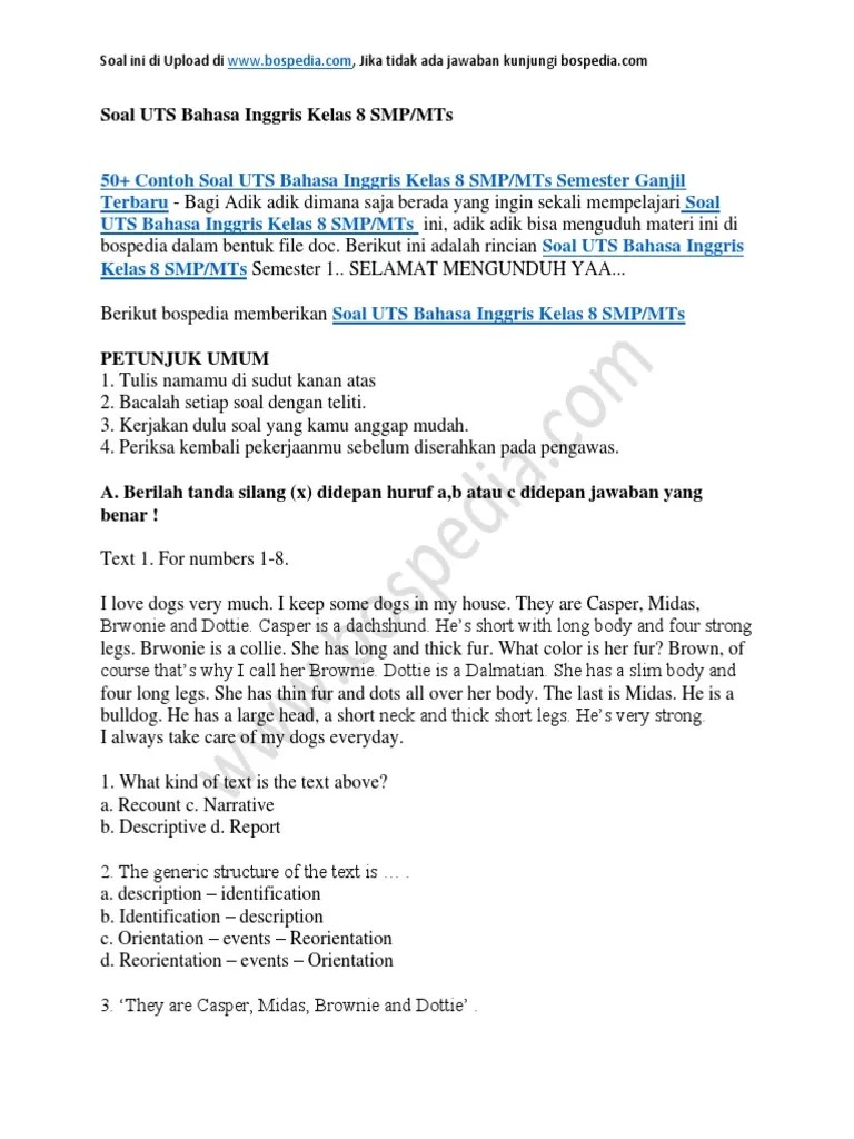 Secara umum biasanya ulangan tengah semester (uts) atau penilaian tengah semester (pas) adalah kegiatan yang dilakukan oleh pendidik untuk mengukur pencapaian kompetensi peserta didik di. 50 Contoh Soal Uts Bahasa Inggris Kelas 8 Smp Mts Semester Ganjil Pdf Clothing Softlines Retail