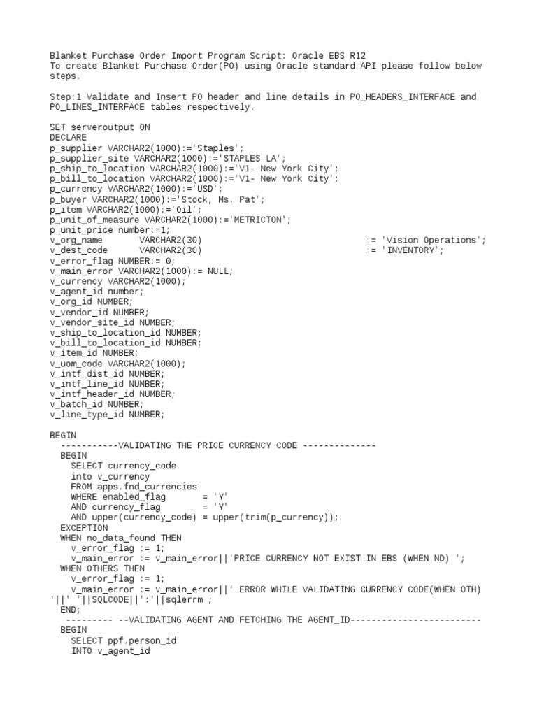 Blanket Purchase Order Import Program Script - Oracle EBS R12 | PDF ...