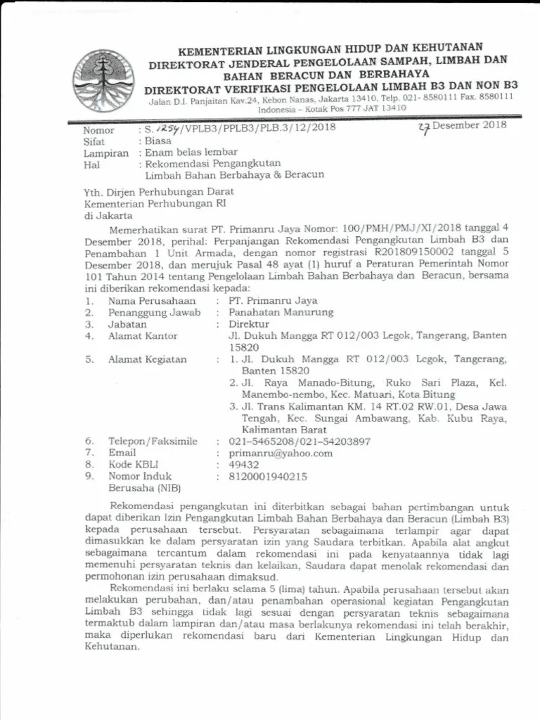 Izin Pengangkutan Limbah B3 Primanru Utk Sludge Oil (Kode 307-1, 307-2) | PDF