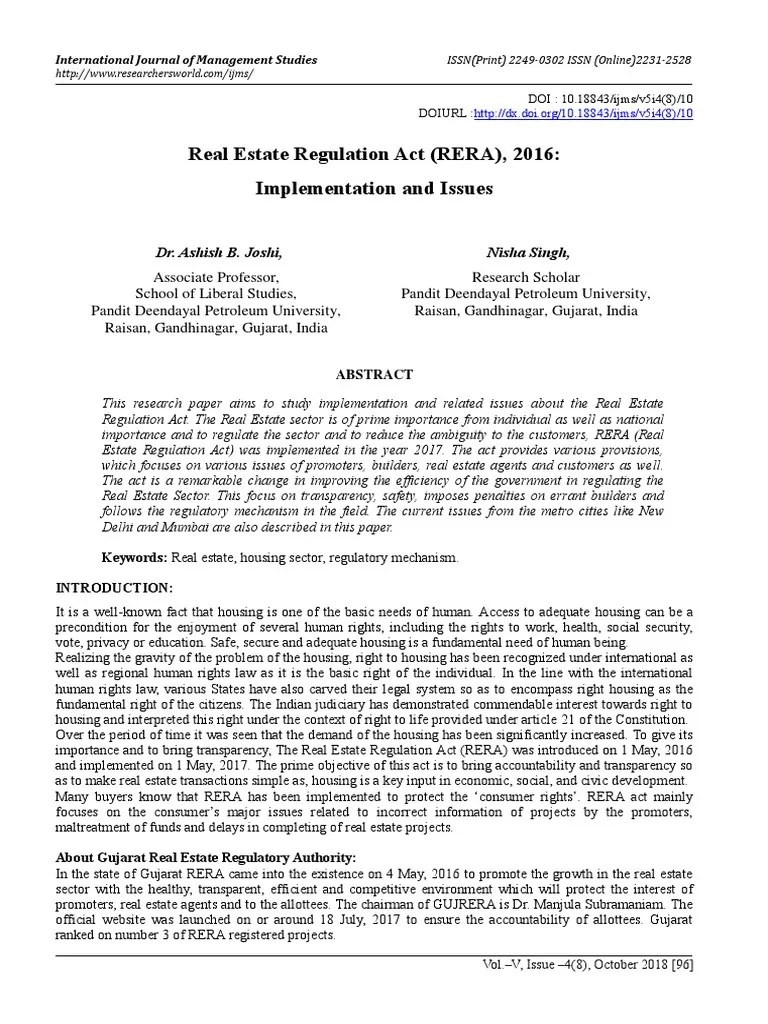 Real Estate Regulation Act (RERA), 2016: Implementation And Issues | PDF | Macroeconomics ...