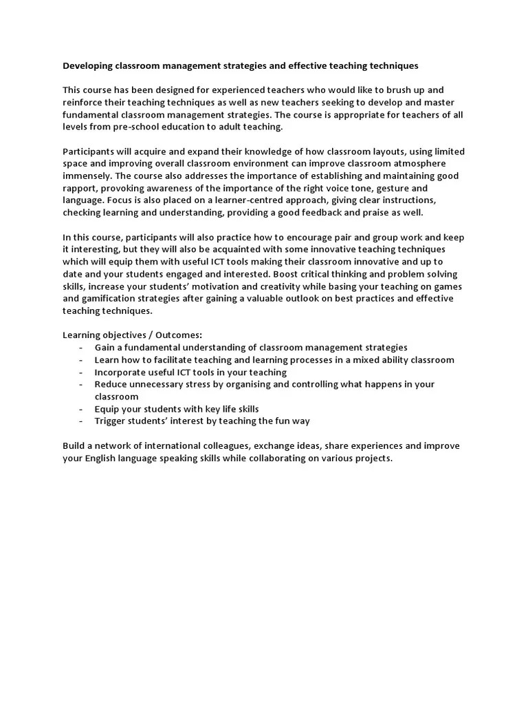 Developing Classroom Management Strategies And Effective Teaching ...