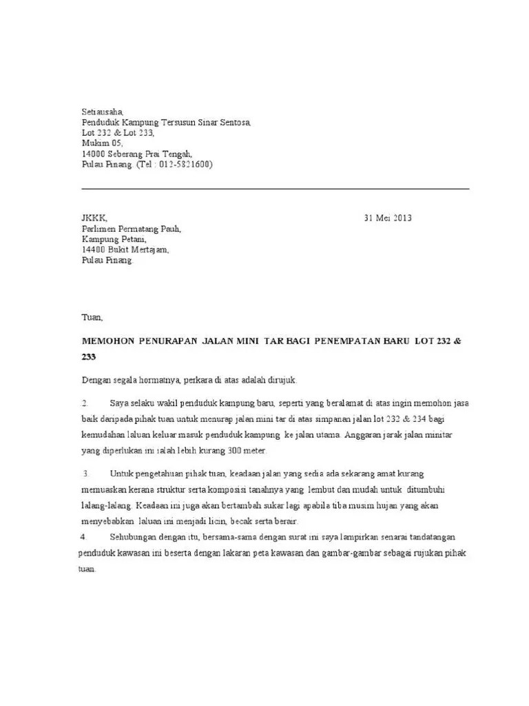 Contoh Surat Memohon Penurapan Jalan Raya PDF | PDF