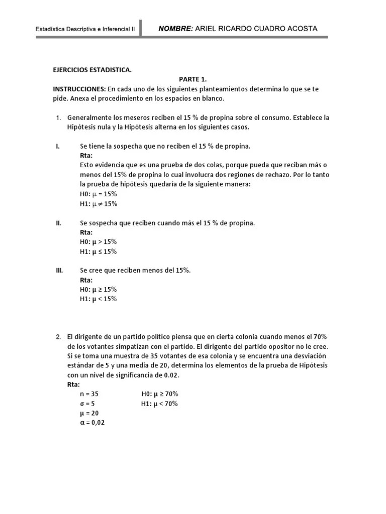 Ejercicios De Prueba De Hipótesis Estadística | PDF | Prueba De ...