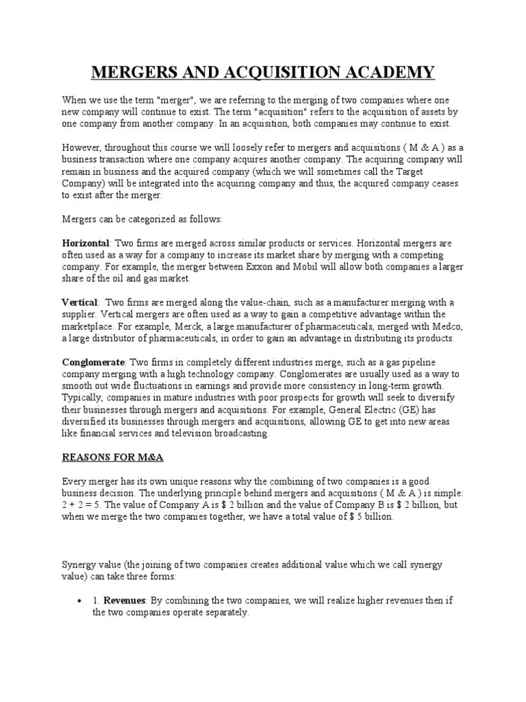 Mergers And Acquisition Academy | PDF | Mergers And Acquisitions ...