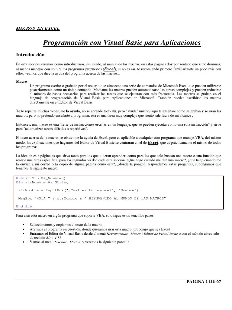 Programación Vba En Excel | Descargar Gratis PDF | Macro (informática) | Visual Basic Para ...