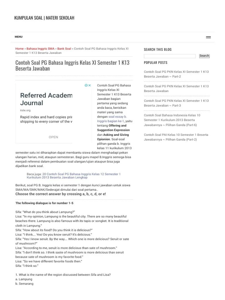 Soal Dan Jawaban Bahasa Inggris Kelas Xi Semester 1 Soal Cute766