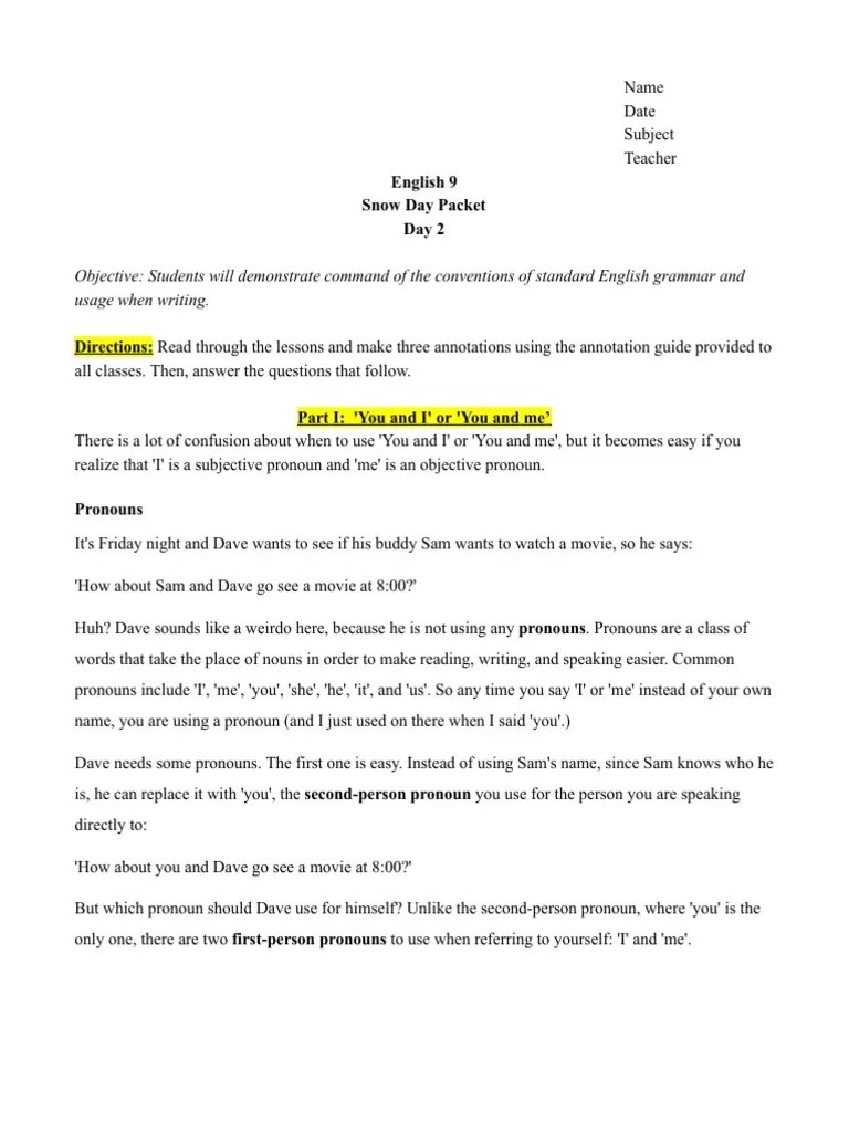 Difference Between You And I And You And Me | PDF | Pronoun | English Grammar