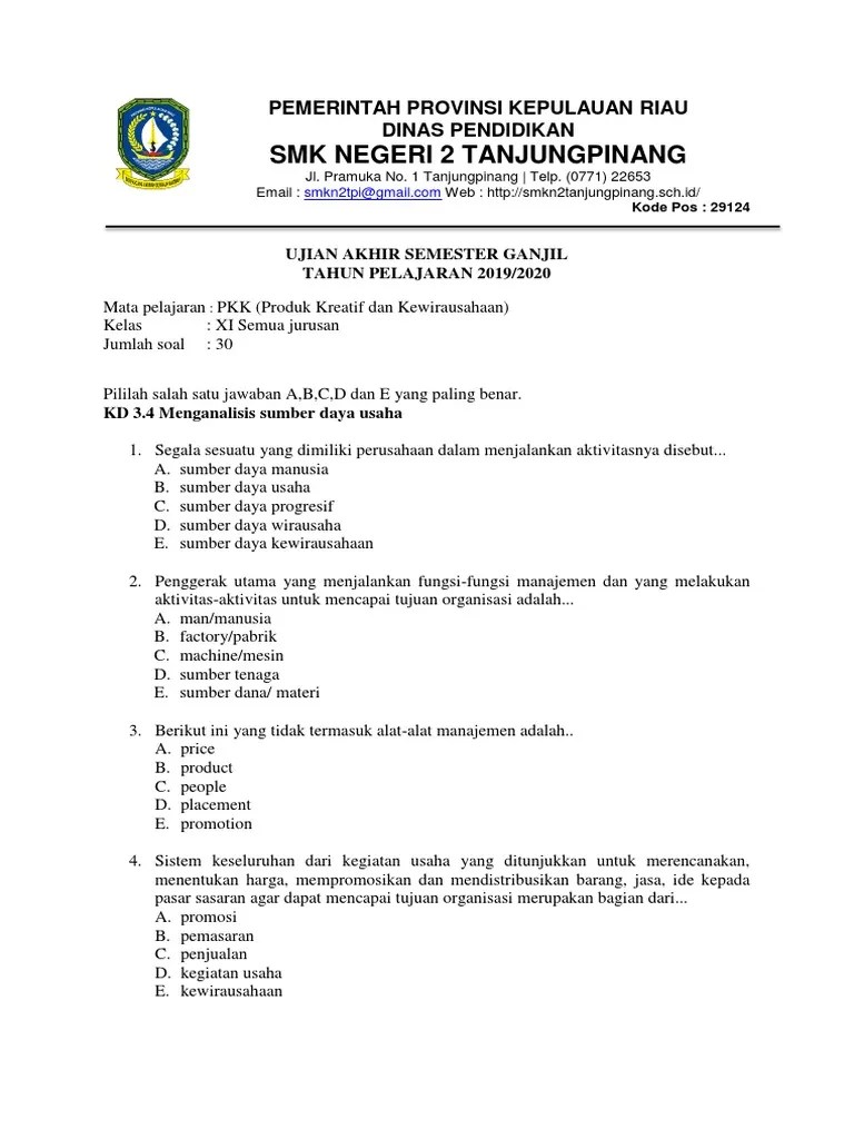 Soal ukk plh latihan soal ukkuas ktsp kelas 5 semester 2. Soal Uas Pkk Pdf
