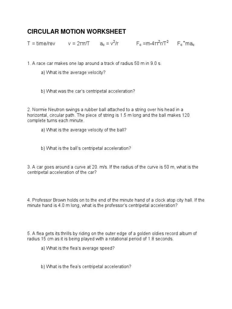 Circular motion worksheet