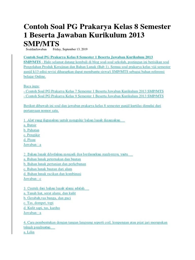 Contoh Soal PG Prakarya Kelas 8 Semester 1 Beserta Jawaban Kurikulum 2013  SMP | PDF