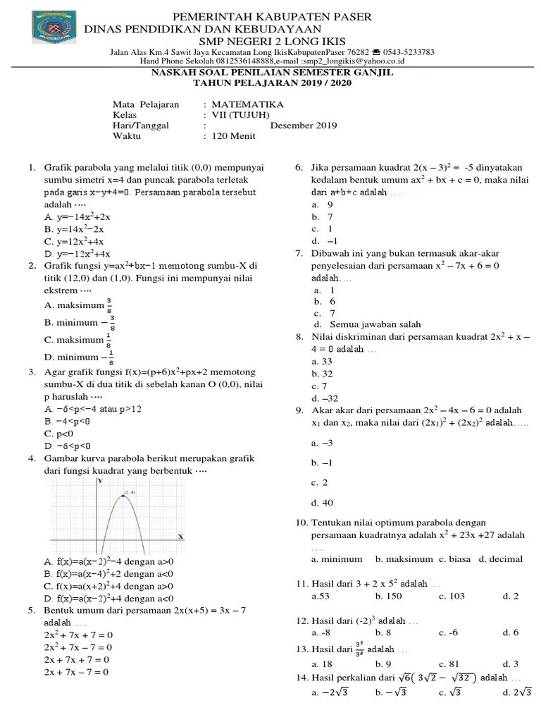 Soal Pilihan Ganda Fungsi Kuadrat Kelas 9