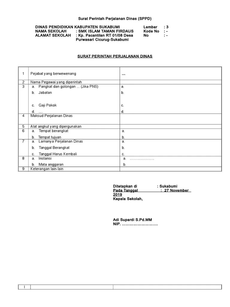 Format SPPD Surat Perintah Perjalanan Dinas Sekolah | PDF