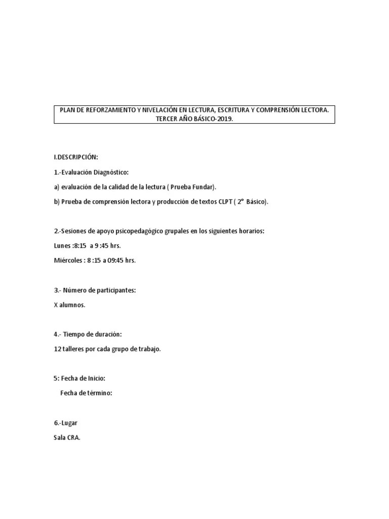 Plan De Reforzamiento Y Nivelación En Lectura | PDF