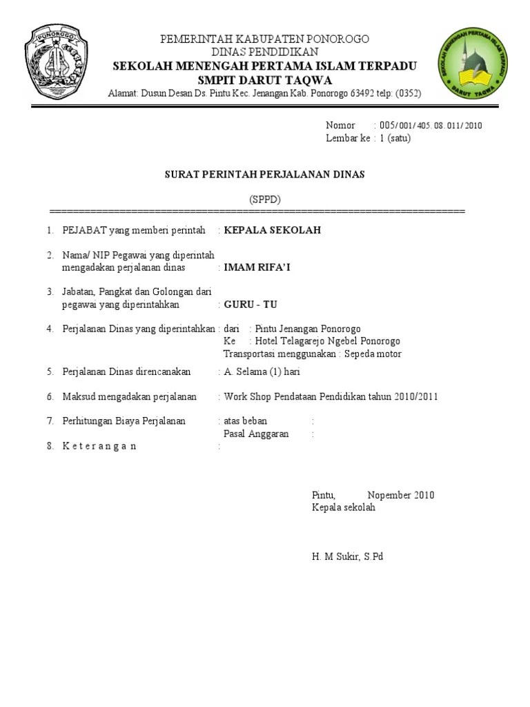 Contoh Surat Perjalanan Dinas Pdf Surat Perintah Perjalanan Dinas - Riset