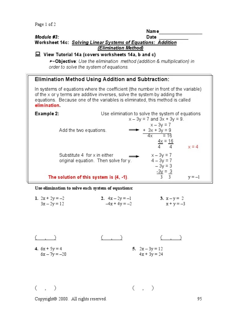 Solving a system of linear equations.: Elimination Method Pdf System Of Linear Equations Equations