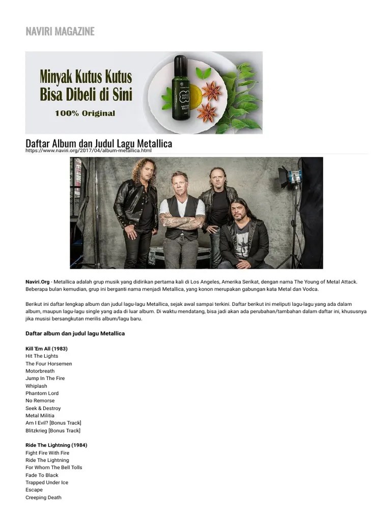 Waktu pertama kali ku lihat dirimu hadir. Daftar Album Dan Judul Lagu Metallica Naviri Magazine Pdf Albums Rock Albums