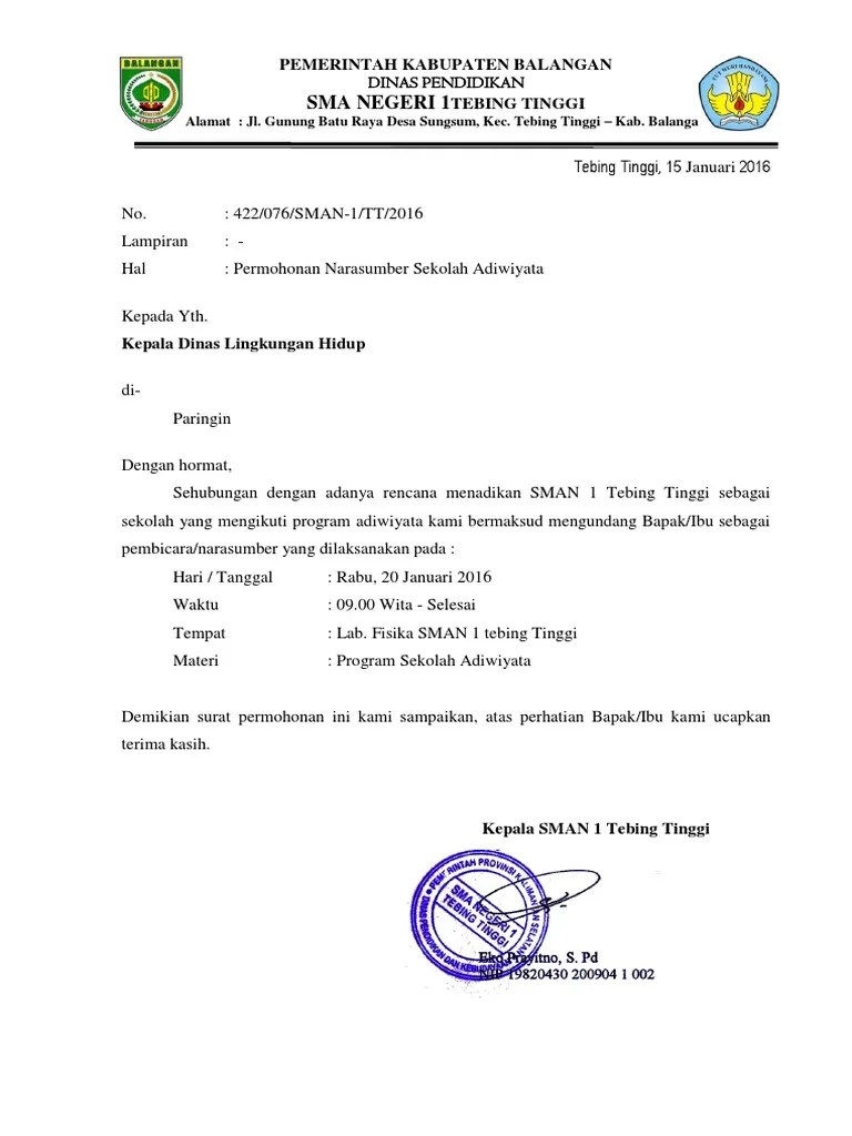 Contoh surat permohonan menjadi pemateri / narasumber. Surat Permohonan Narasumber Dlh Pdf
