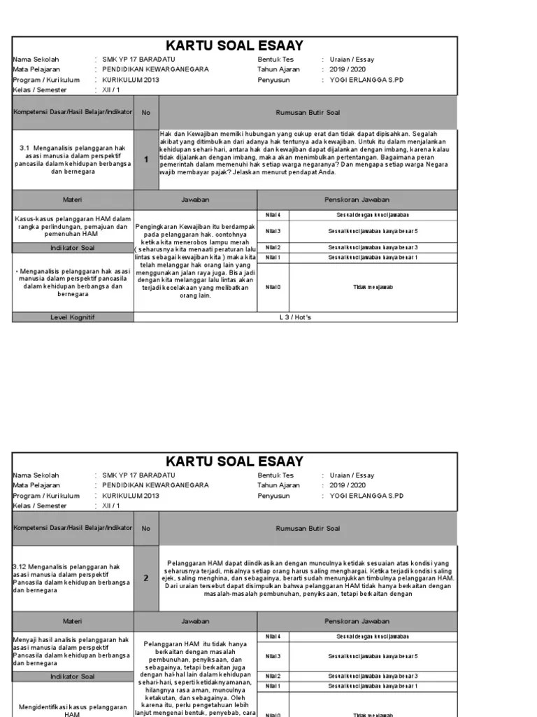 Melakukan deduksi dan induksi terpenuhi tetapi bentuk soal tidak hots. Hots Pkn Kelas Xii Kartu Soal Esaay