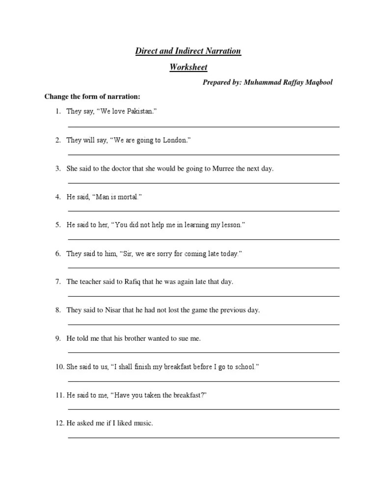 Worksheet Direct And Indirect Narration | PDF
