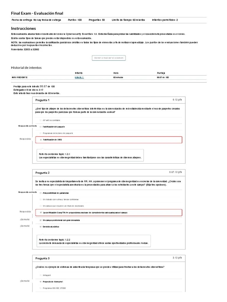 Final Exam - Evaluación Final - Cybersecurity Essentials - ES 0118 | PDF | La Seguridad ...