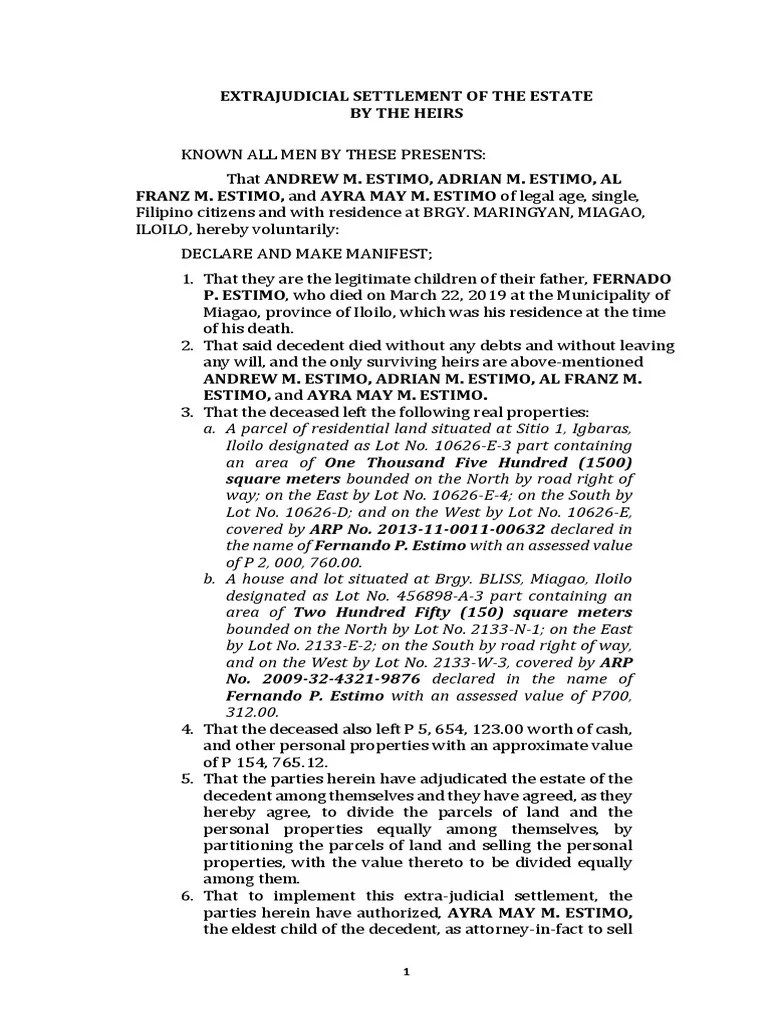 Extrajudicial Settlement Of The Estate | PDF | Real Property | Property