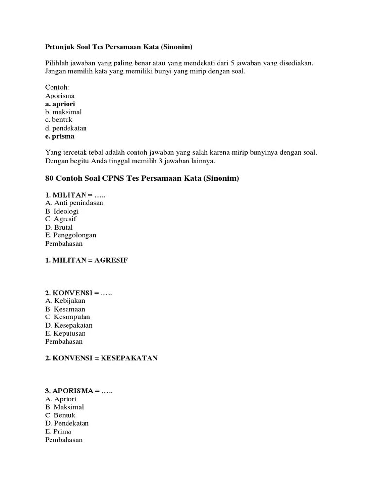 TIU 80 Contoh Soal CPNS Tes Persamaan Kata (Sinonim) | PDF