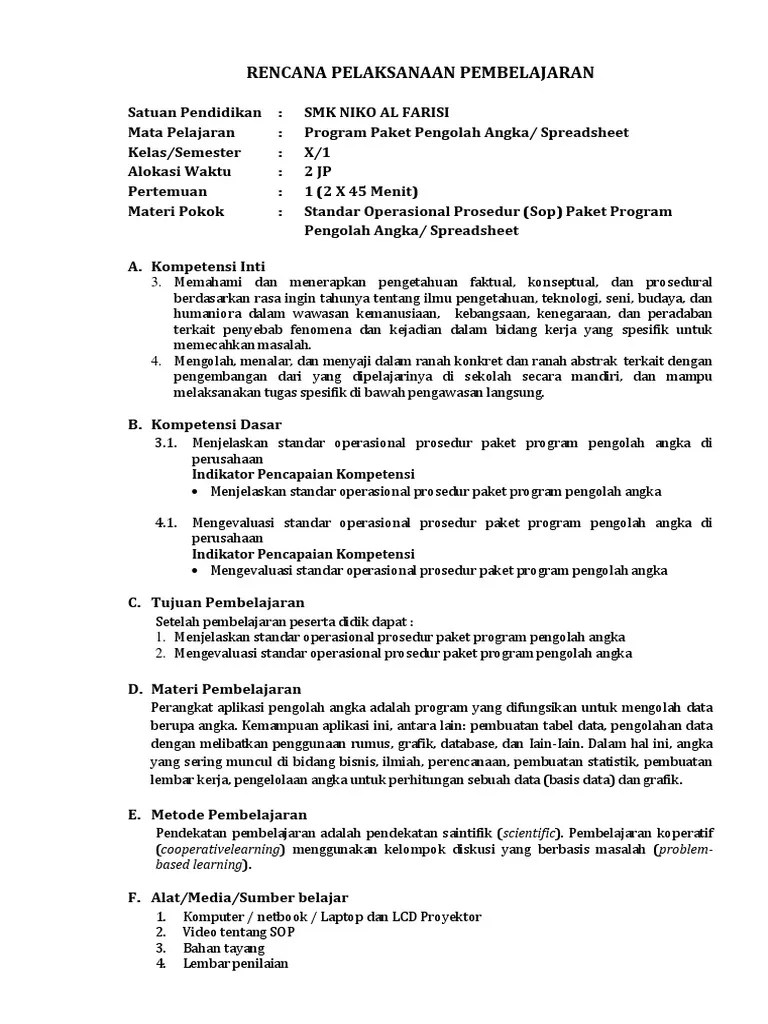 Rpp 1 lembar revisi 2020. Rpp Spreadsheet Ganjil K13
