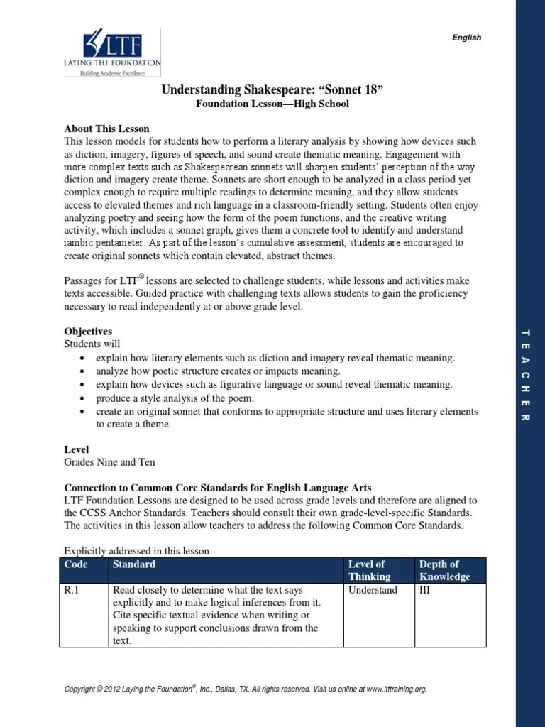 Understanding Shakespeare Sonnet 18 PDF | PDF | Sonnets | Poetry