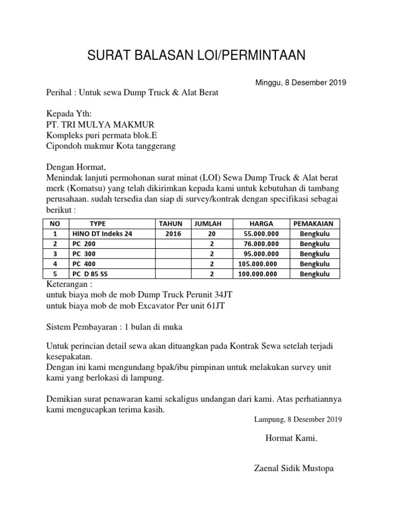 Sebagai bahan pertimbangan saya lampirkan:. Contoh Surat Penawaran Alat Berat Excavator - Contoh Surat