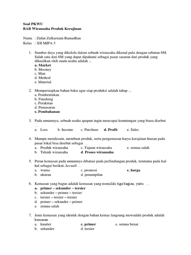 Soal Pkwu Bab Kerajinan Produk - Xii Sma | PDF