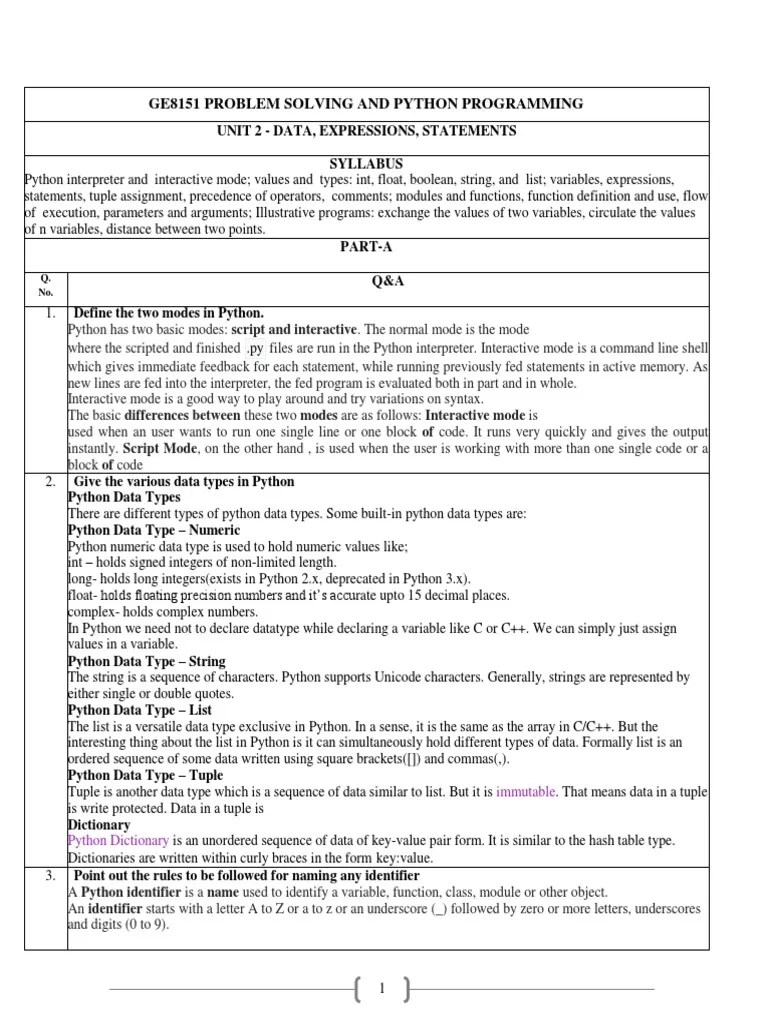 GE8151 Python Programming Unit 2 Question Bank With Example Code | PDF ...