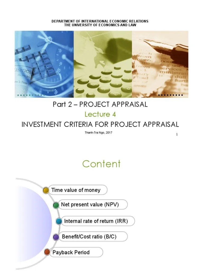 Lecture 4 INVESTMENT CRITERIA FOR PROJECT APPRAISAL | PDF | Net Present Value | Internal Rate Of ...