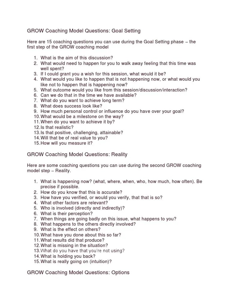 GROW Coaching Model Questions | PDF | Goal | Goal Setting