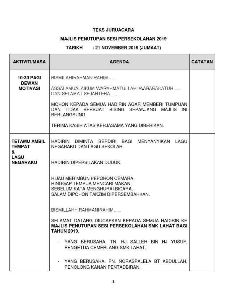 Skrip Emcee Majlis Penutupan 2019 | PDF