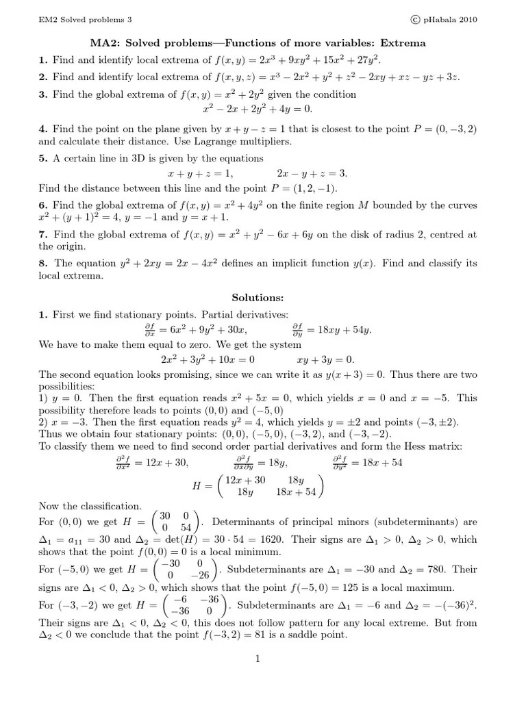 Extrema For Functions Of More Variables - Solved Problems PDF ...