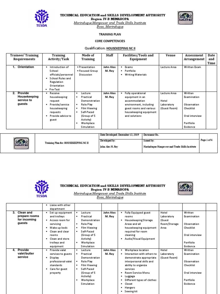 TRAINING PLAN Housekeeping NCII Draft | PDF | Laundry | Laboratories