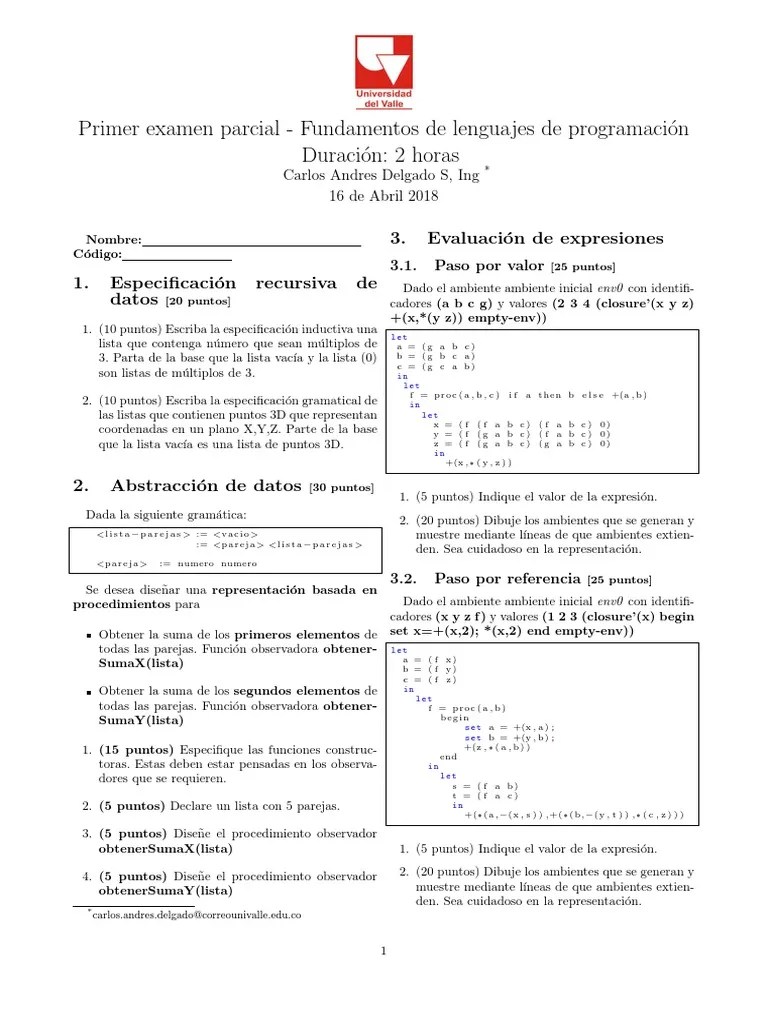 Parcial Fundamentos Lenguajes De Programacion | PDF | Programación De ...