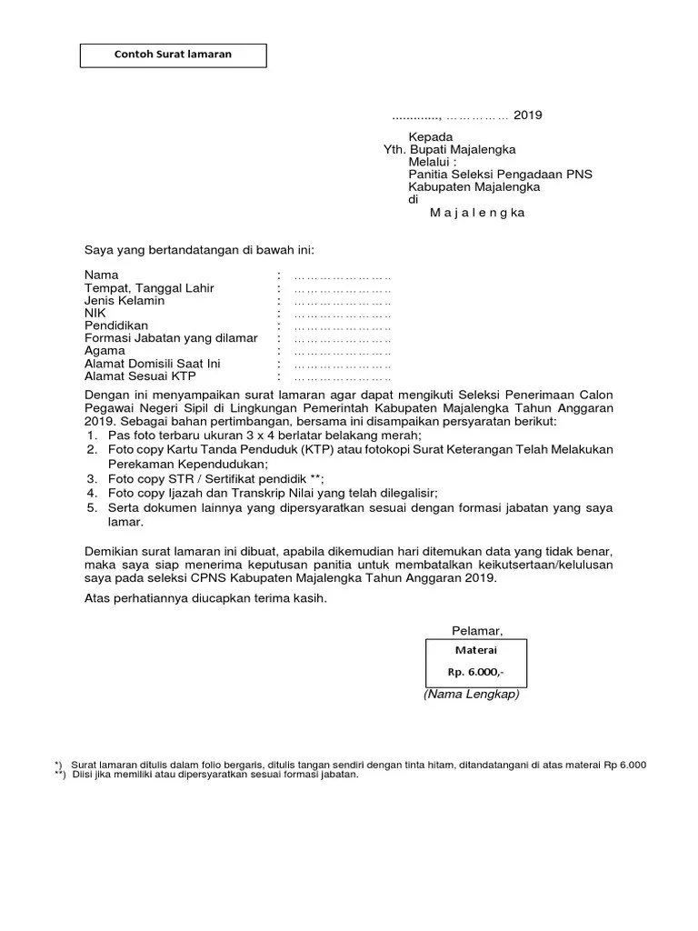 Sedang mencari rekomendasi contoh surat lamaran cpns bupati bandung yang cocok untuk kamu kenakan . Format Surat Lamaran Dan Surat Pernyataan Pelamar Cpns 2019 Pdf