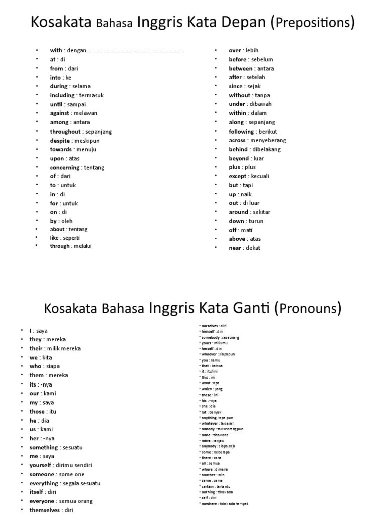 Kosakata Bahasa Inggris Kata Depan (Prepositions) | PDF
