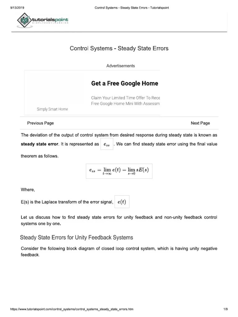 Control Systems - Steady State Errors - Tutorialspoint PDF | PDF