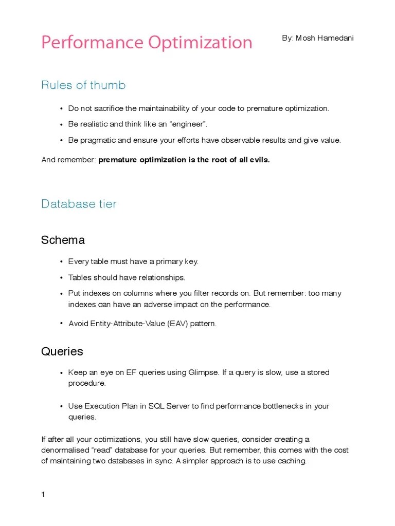 Performance Optimization Cheat Sheet | PDF | Program Optimization | Microsoft Sql Server