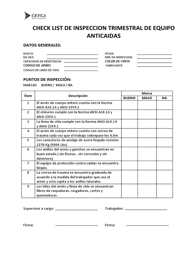 Check List De Inspeccion Trimestral De Arnes | PDF