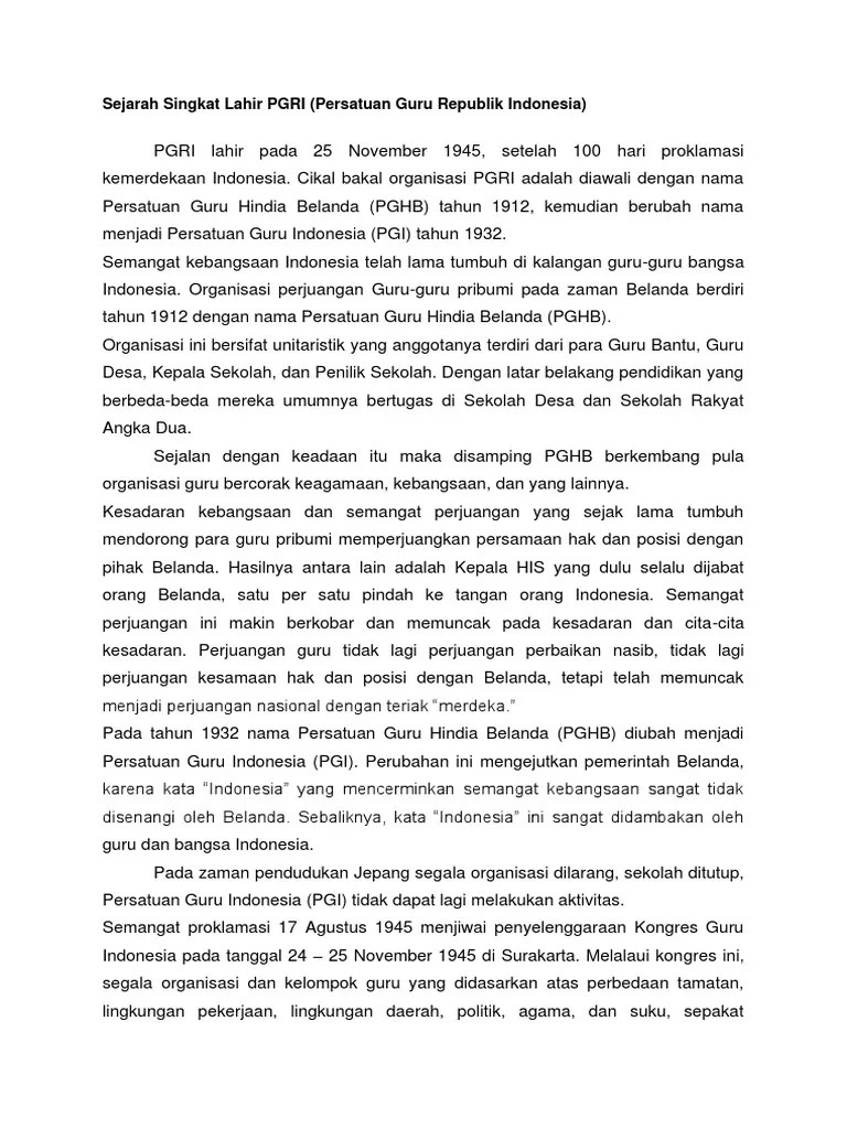 Kongres pertama ikatan guru taman … Sejarah Singkat Lahir Pgri