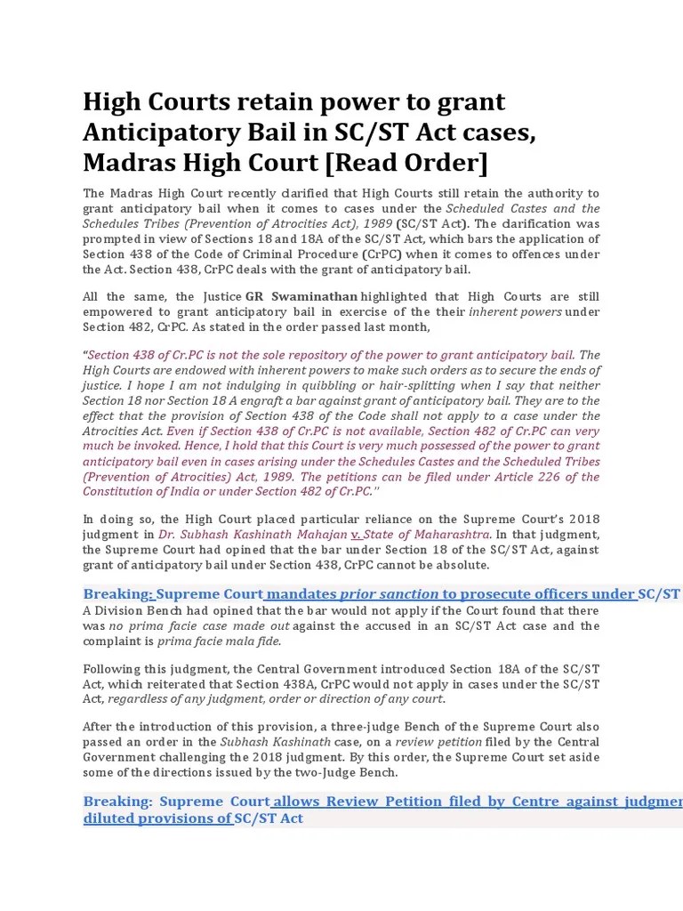 Sec 438, MHC, AntiCipatory Bail | PDF | Bail | Supreme Courts